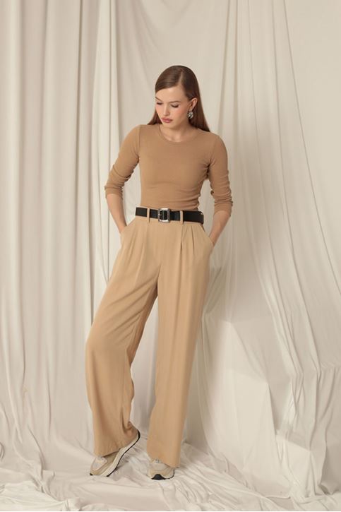 Tensel Kumaş Kadın Dokuma Bej Pantolon 