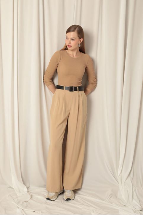 Tensel Kumaş Kadın Dokuma Bej Pantolon 