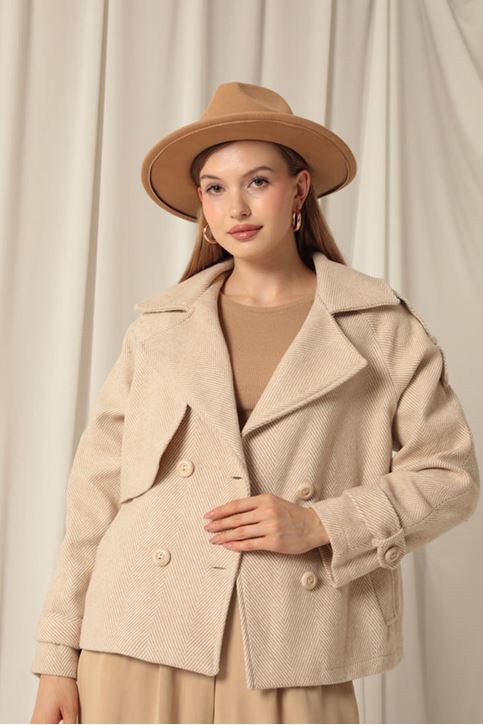 Cashmere Fabric Women's Short Beige Coat