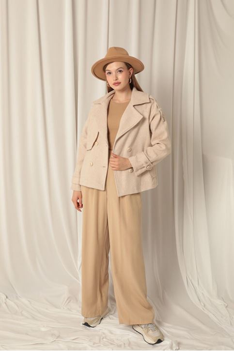 Cashmere Fabric Women's Short Beige Coat