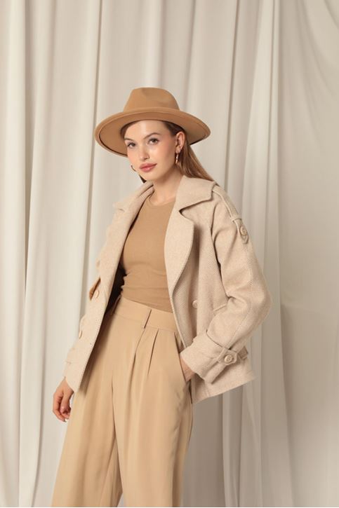 Cashmere Fabric Women's Short Beige Coat