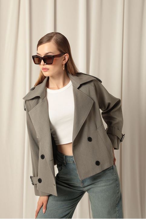 Woven Fabric Short Khaki Trench Coat