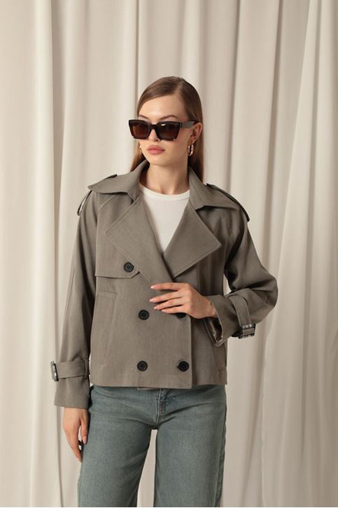 Woven Fabric Short Khaki Trench Coat