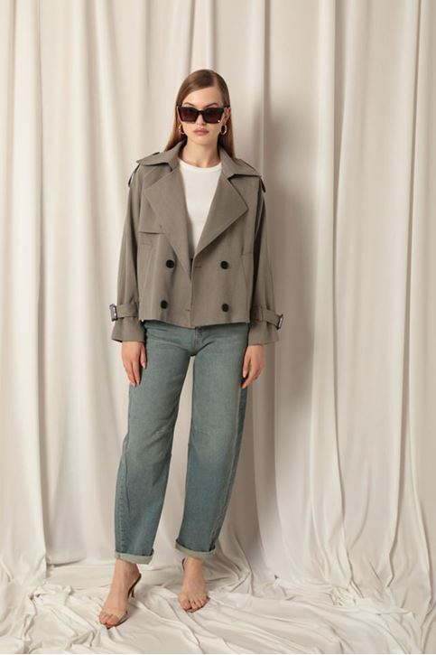 Woven Fabric Short Khaki Trench Coat