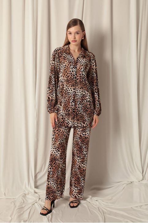 بدلة قميص ليوبارد نسائية من قماش الليكرا المحبوك