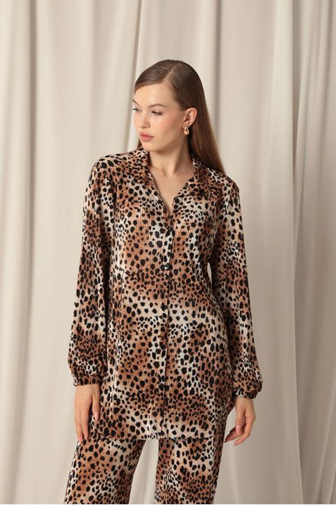 بدلة قميص ليوبارد نسائية من قماش الليكرا المحبوك