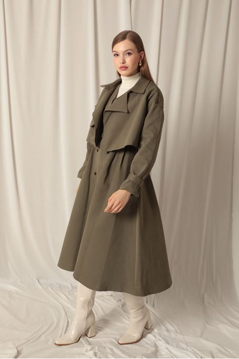 Dokuma Kumaş Tasarım Kadın Haki Trenckot 