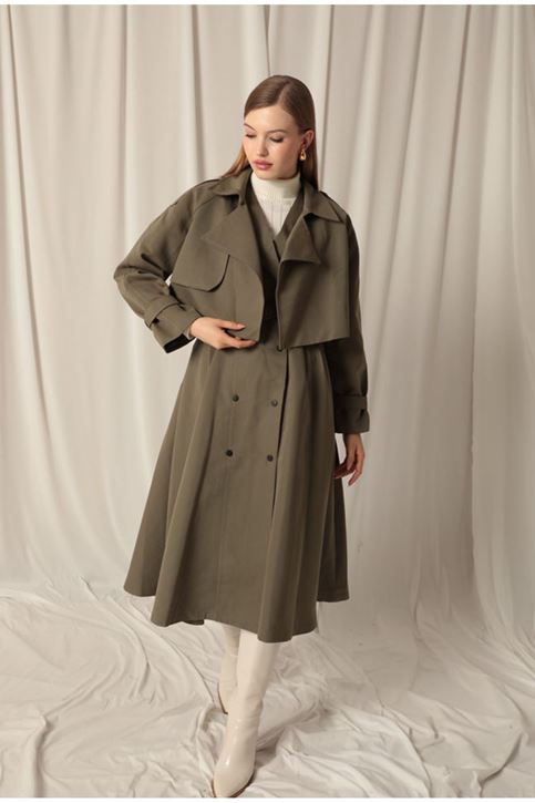 Dokuma Kumaş Tasarım Kadın Haki Trenckot 
