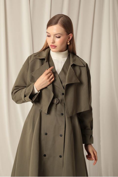 Dokuma Kumaş Tasarım Kadın Haki Trenckot 
