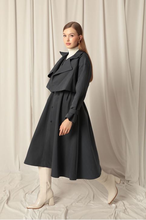 Dokuma Kumaş Kadın Tasarım Antrasit Trenckot 