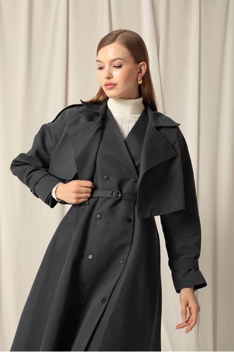 Dokuma Kumaş Kadın Tasarım Antrasit Trenckot 