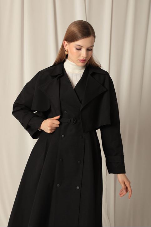 Woven Fabric Design Women's Black Trench Coat
