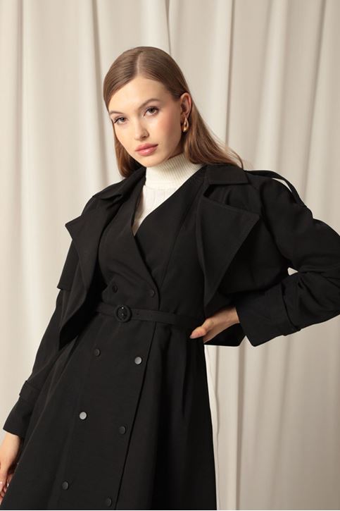 Woven Fabric Design Women's Black Trench Coat