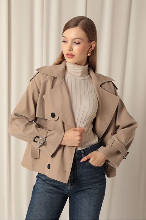 Dokuma Kumaş Kısa Kadın Vizon Trençkot