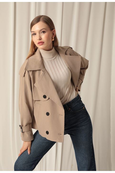 Woven Fabric Short Women's Mink Trench Coat