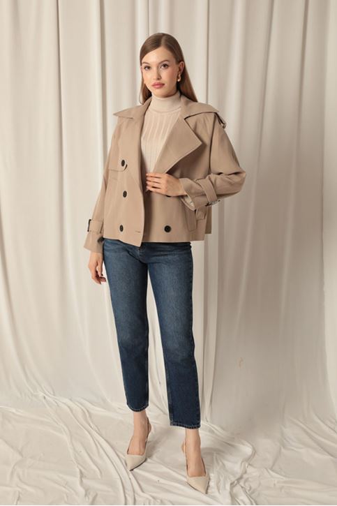 Woven Fabric Short Women's Mink Trench Coat