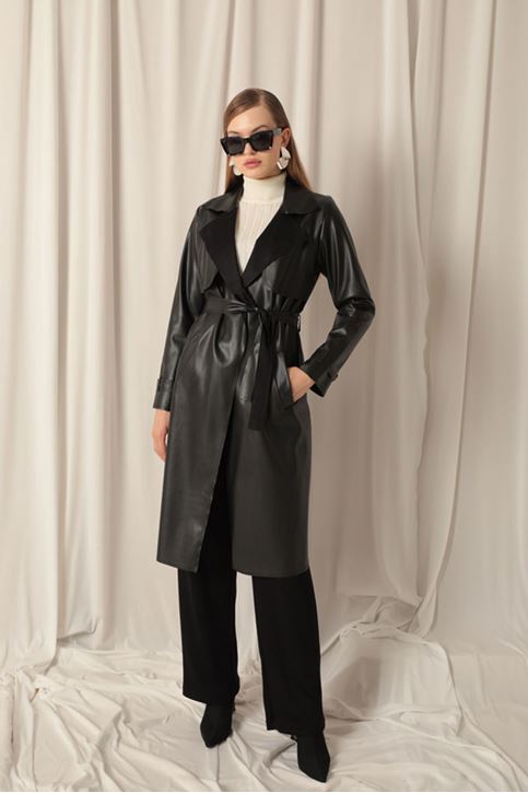 Leather Fabric Women's Black Trench Coat