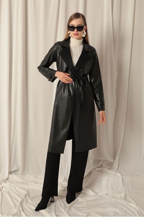 Leather Fabric Women's Black Trench Coat