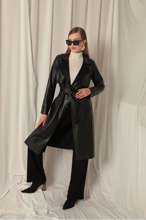 Leather Fabric Women's Black Trench Coat