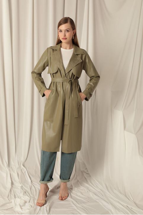 Leather Fabric Women's Khaki Trench Coat