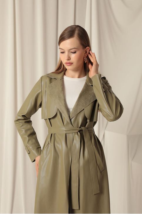 Leather Fabric Women's Khaki Trench Coat