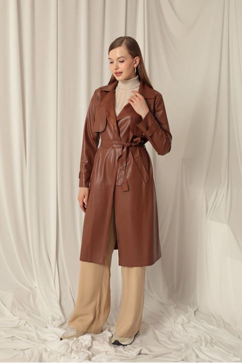 Leather Fabric Women's Brown Trench Coat