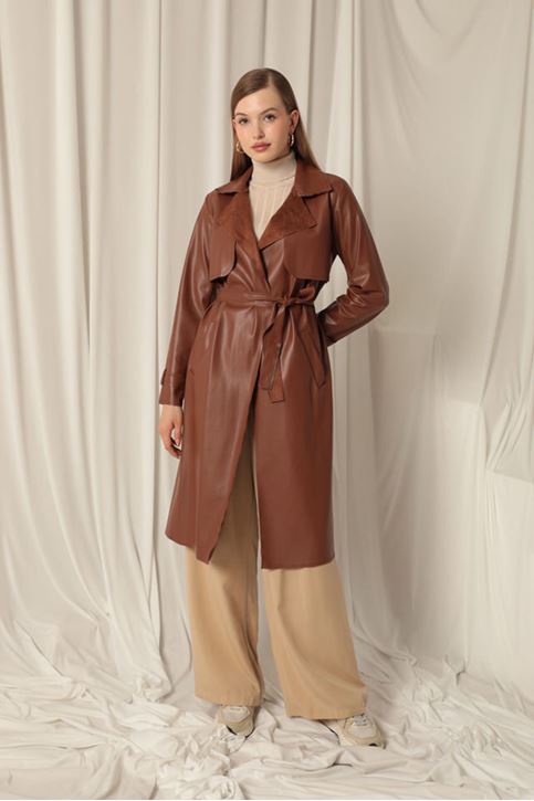 Leather Fabric Women's Brown Trench Coat