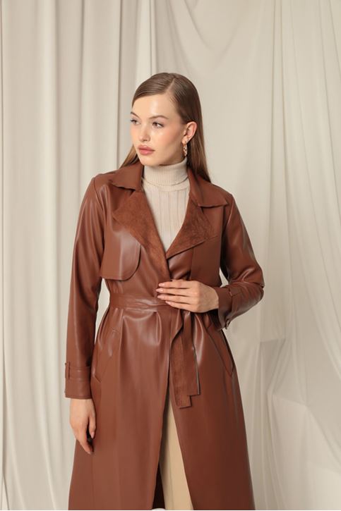 Leather Fabric Women's Brown Trench Coat