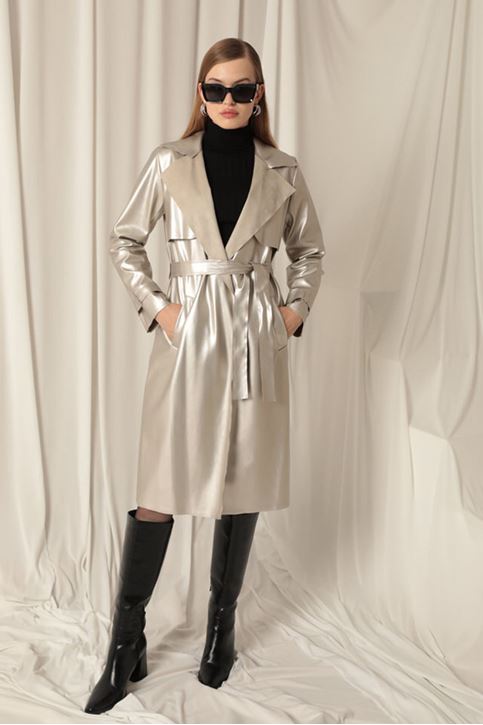 Leather Fabric Women's Silver Trench Coat