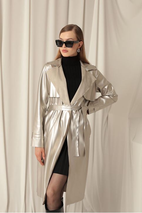 Leather Fabric Women's Silver Trench Coat