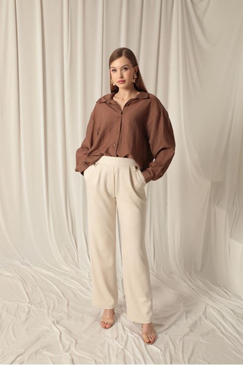 Modal Fabric Side Buttoned Women's Beige Trousers