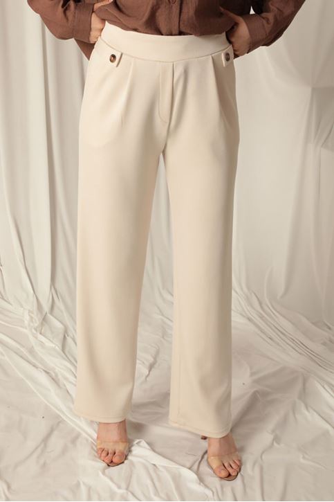 Modal Fabric Side Buttoned Women's Beige Trousers