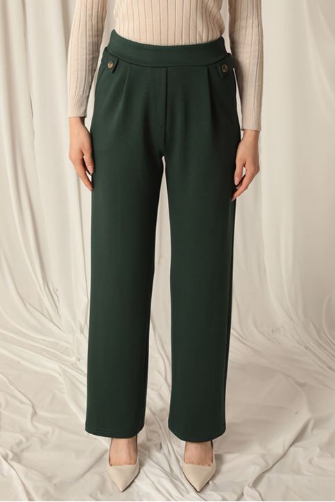 Modal Fabric Side Buttoned Women's Emerald Green Trousers