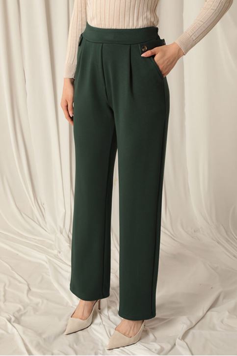 Modal Fabric Side Buttoned Women's Emerald Green Trousers