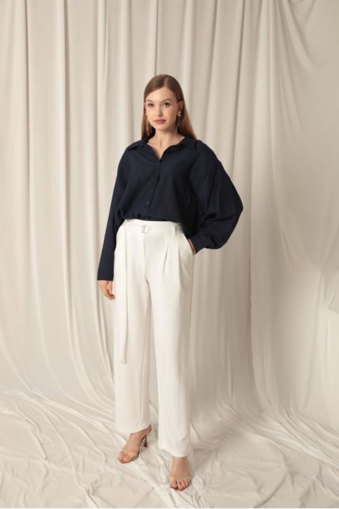 Modal Fabric Belted Women's Ecru Trousers