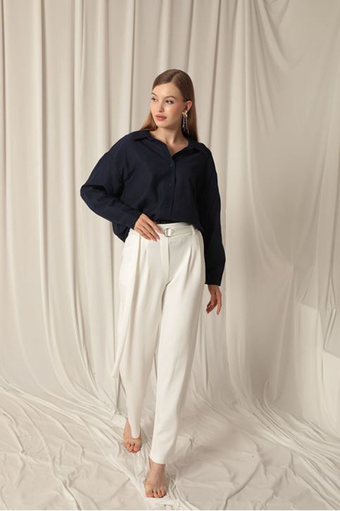 Modal Fabric Belted Women's Ecru Trousers