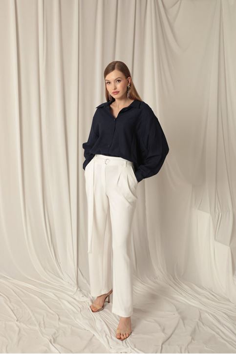 Modal Fabric Belted Women's Ecru Trousers