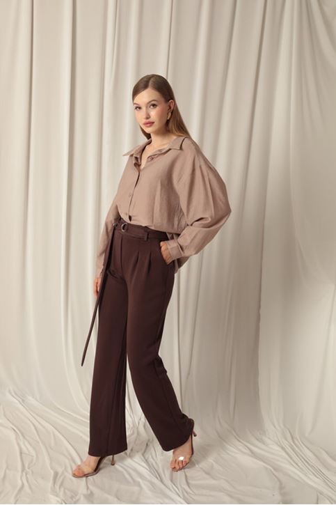Modal Fabric Belted Women's Brown Trousers