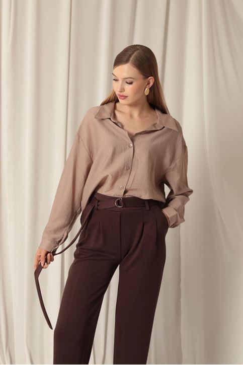 Modal Fabric Belted Women's Brown Trousers