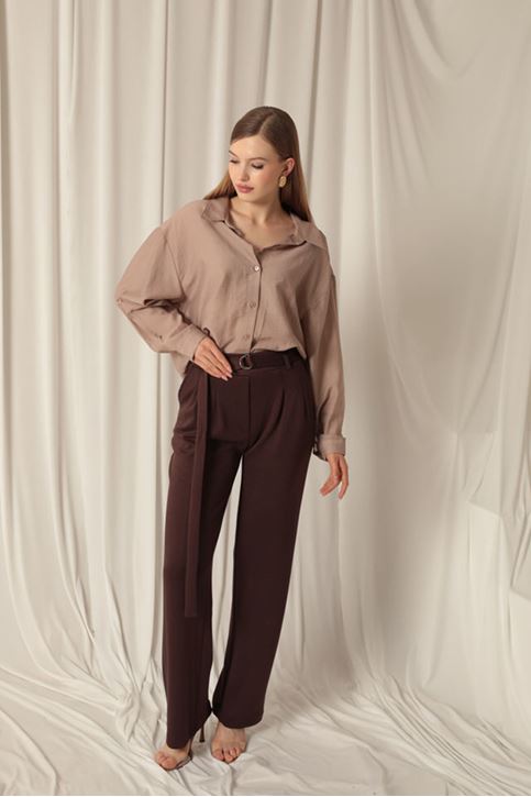 Modal Fabric Belted Women's Brown Trousers