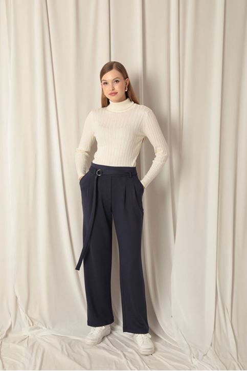 Modal Fabric Belted Women's Indigo Trousers