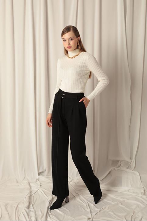Modal Fabric Belted Women's Black Trousers