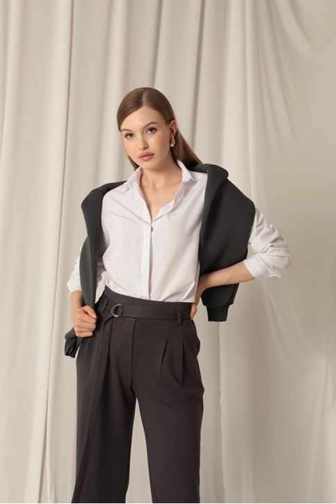 Modal Fabric Belted Women's Anthracite Trousers