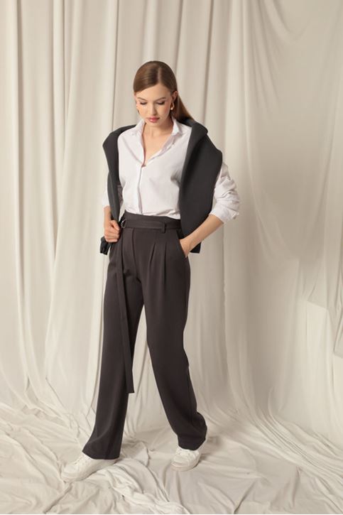 Modal Fabric Belted Women's Anthracite Trousers