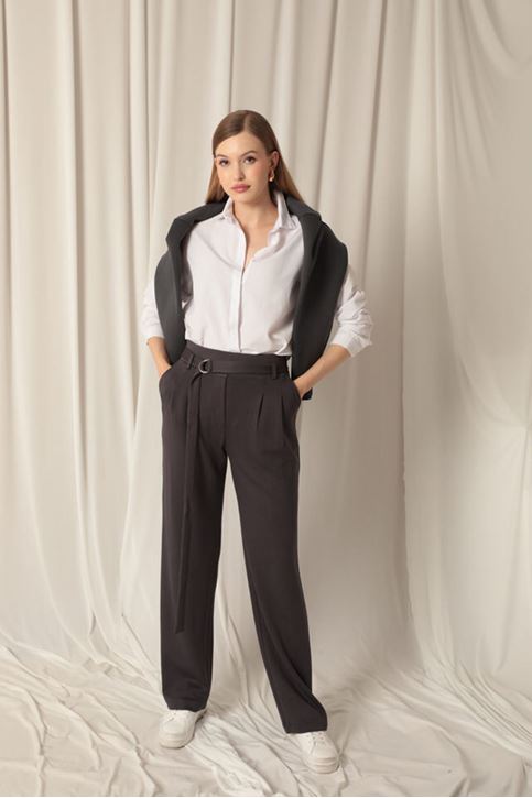 بنطلون أنثراسايت نسائي مع حزام قماش مودال