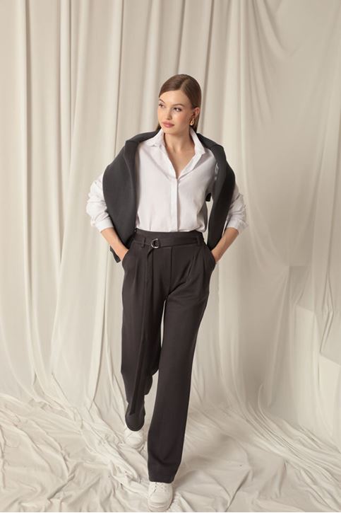 Modal Fabric Belted Women's Anthracite Trousers