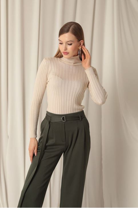 Modal Fabric Belted Women's Khaki Trousers