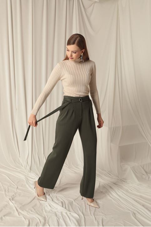 Modal Kumaş Kemerli Kadın Haki Pantolon 