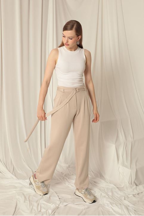 Modal Fabric Belted Women's Mink Trousers
