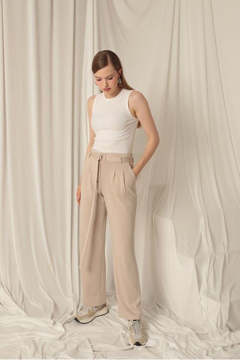 Modal Fabric Belted Women's Mink Trousers